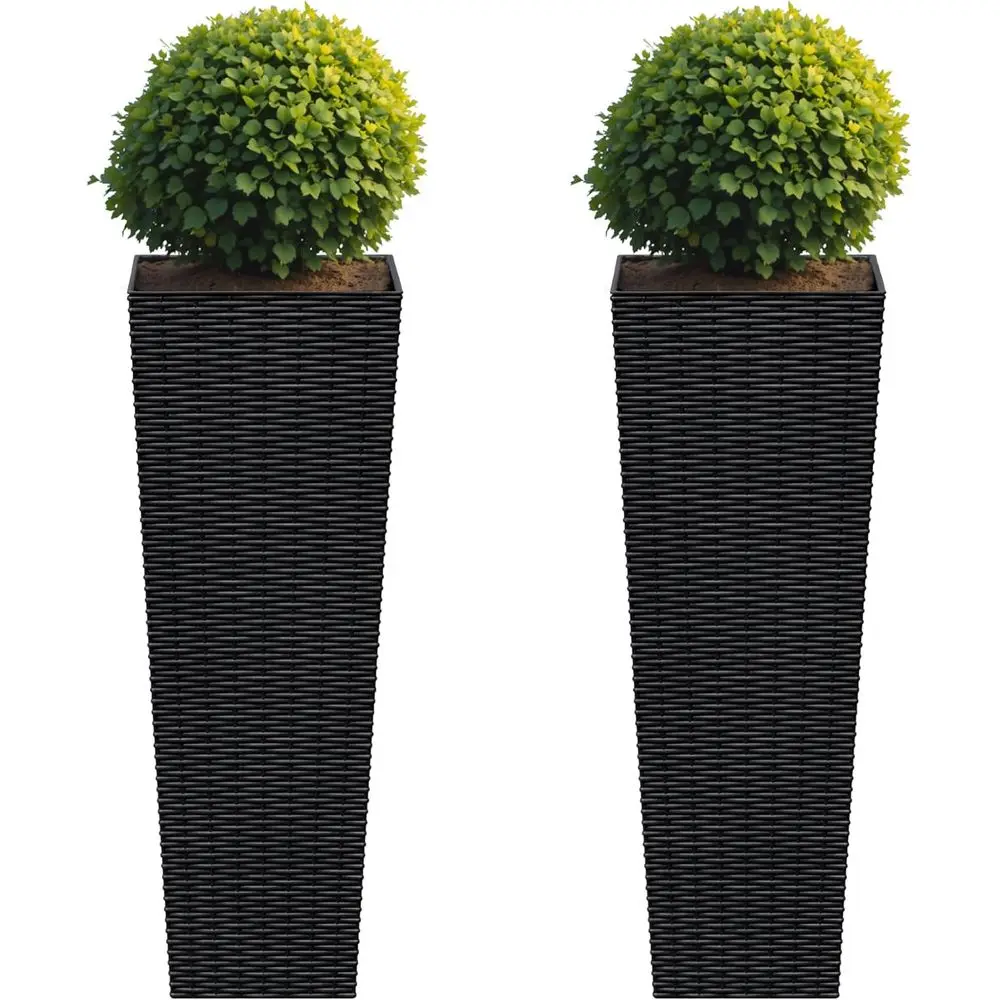 

Resin Rattan-Style Planters Set of 2, 32 Tall Pots with Drainage, Weather-Resistant for Garden and Outdoor Use (Black, Large)