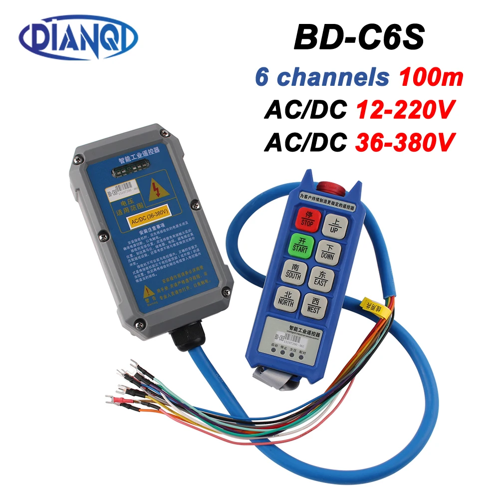 BD-C6S 6 channels 100m Wireless industrial remote controller switches AC/DC 12-220V  AC/DC 36-380V Hoist Crane Control Lift