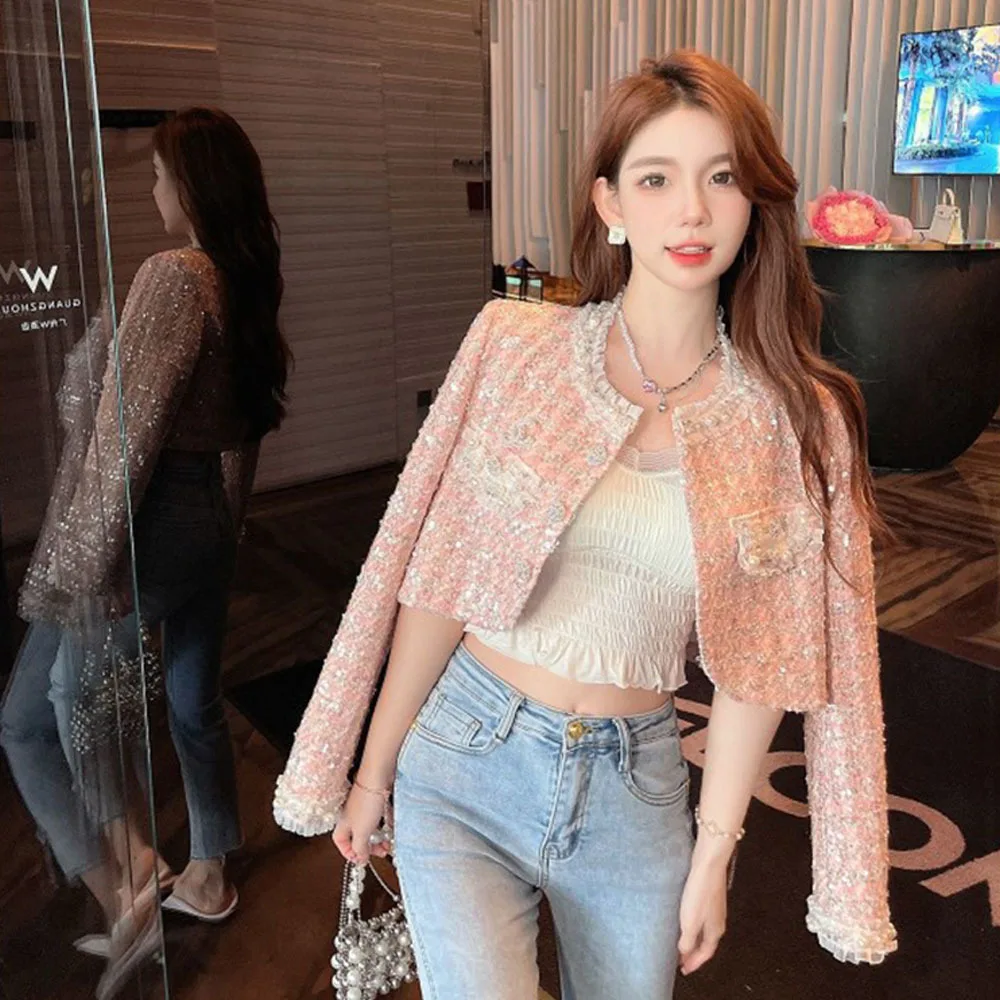 Korean Chic Vintage Tweed Jackets For Women Cropped Coat Elegant Office Lady Fashion Pearl Outerwear 2023 Autumn New Elegant Top