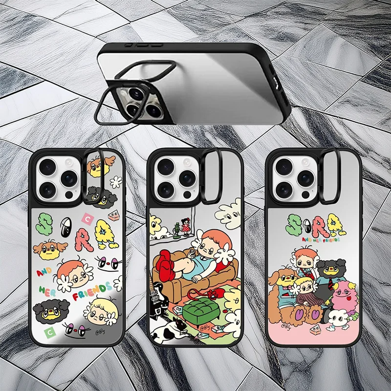 

Cartoon Camera Stand Mirror Black Border Magnetic Phone Case Cover for IPhone 16 ~ 14 Pro Max Case
