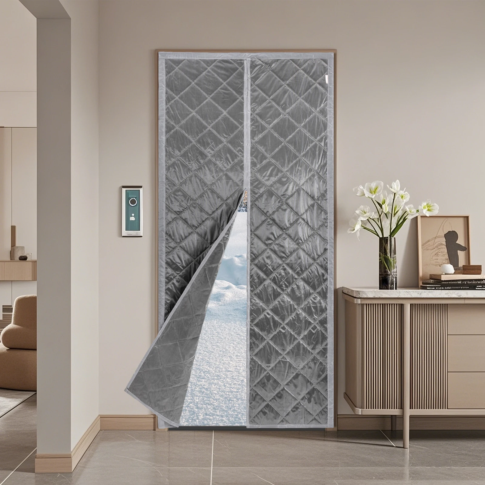 38*84in Magnetic Thermal Insulated Door Curtain Warm and Cold Proof Cotton Door Curtain Household Windproof Dust-proof Doorway Cover With Adhesive Tapes for Balcony Bedroom Kitchen Entrance