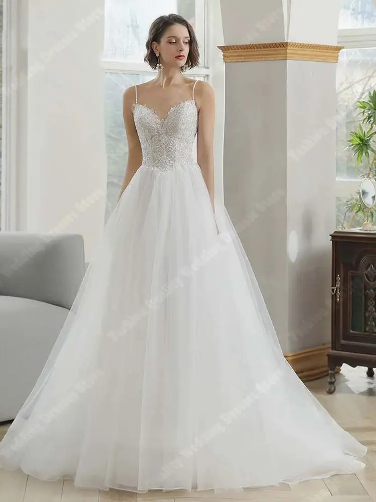 Vestido sem mangas com decote em v para noiva, laço clássico, apliques vestidos nupciais, gracioso A-line, lindo vestido de casamento, 2024