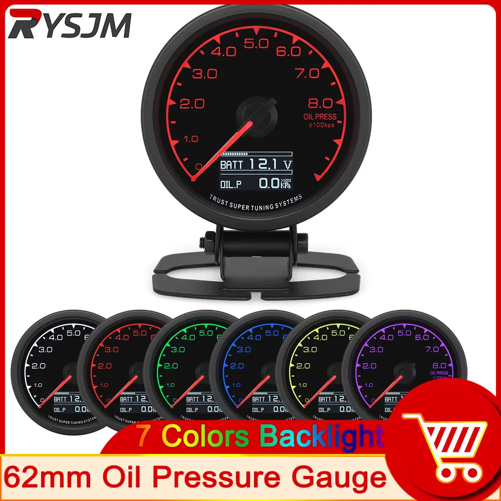 62MM 0-800 Kpa Oil Press Gauge Oil Pressure Meter with Stepper Motor Fuel Pressure Gauge 1/8 Npt Sensor Digital Display 7 Colors