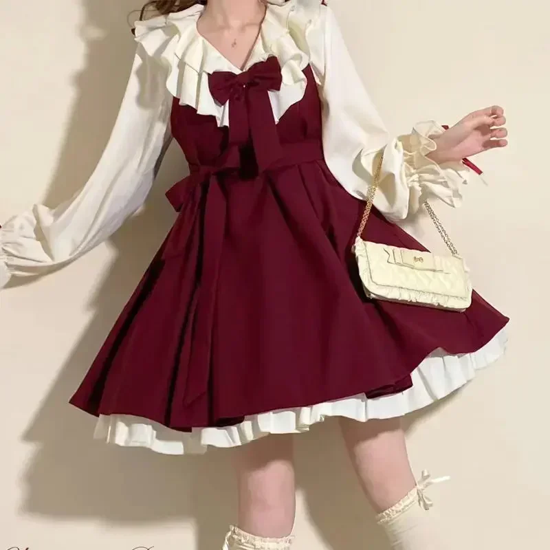 2023 Herbst Winter College-Stil elegante JK Uniform Anzug weibliche süße Retro Bogen Riemen Kleider Weihnachts feier rot Lolita Kleid