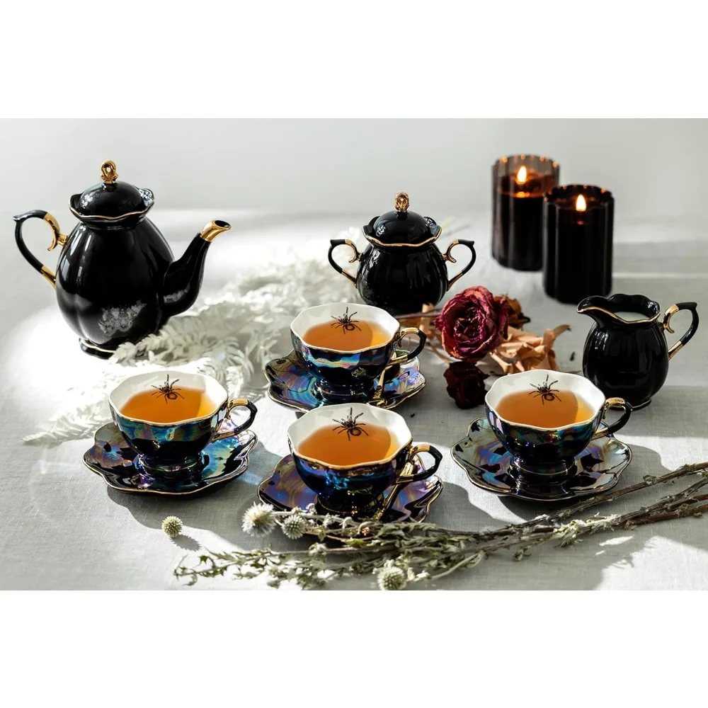 Black Gold Scallop Teapot, Black Gold Scallop Sugar Creamer, 4 Spider Black Gold Luster Tea Cup and Saucer Sets