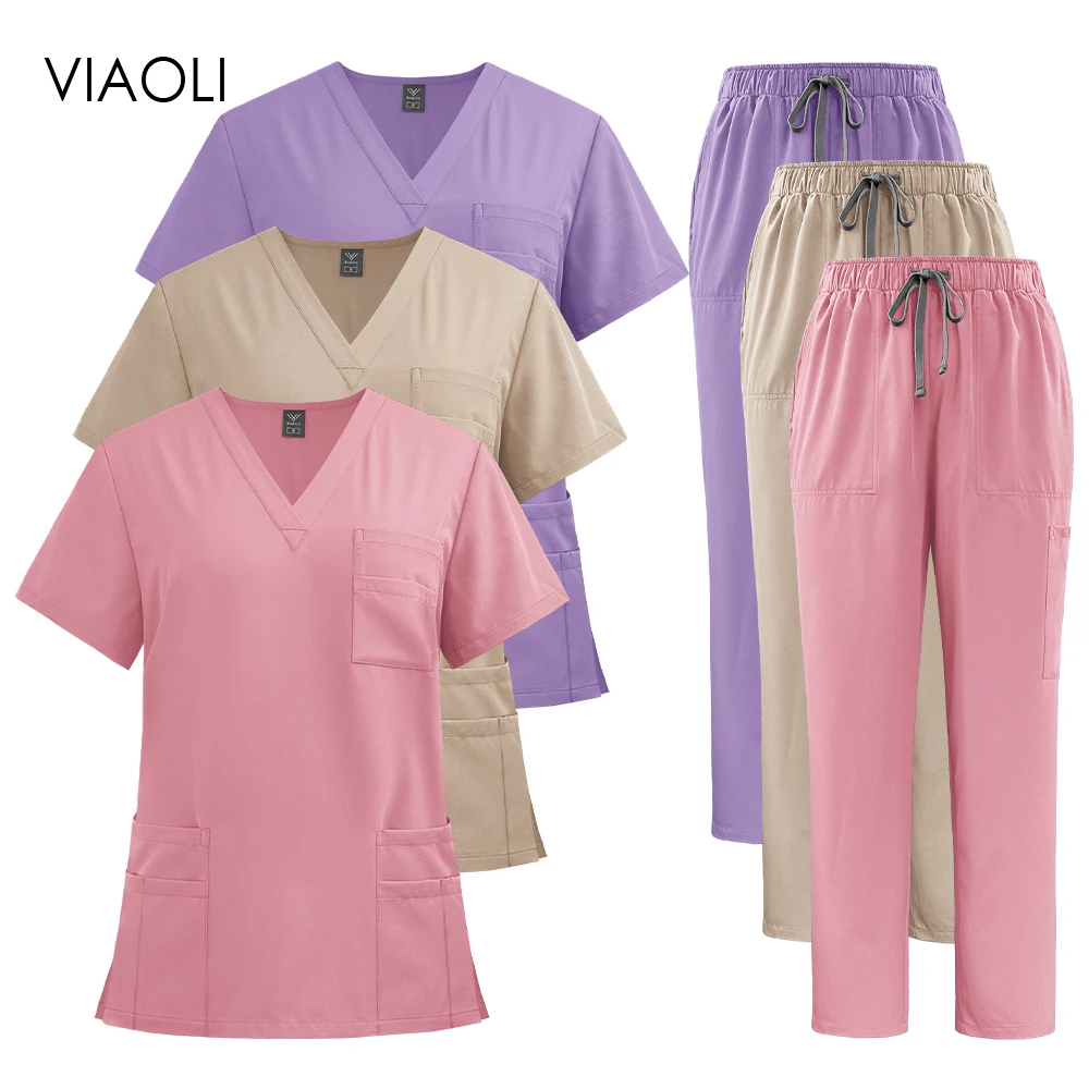 Uniformi ospedaliere Uomo Donna Stretch con scollo a V Top Tasca Pantaloni Scrub Set Abbigliamento medico per medico Infermiera Uniforme Estetica