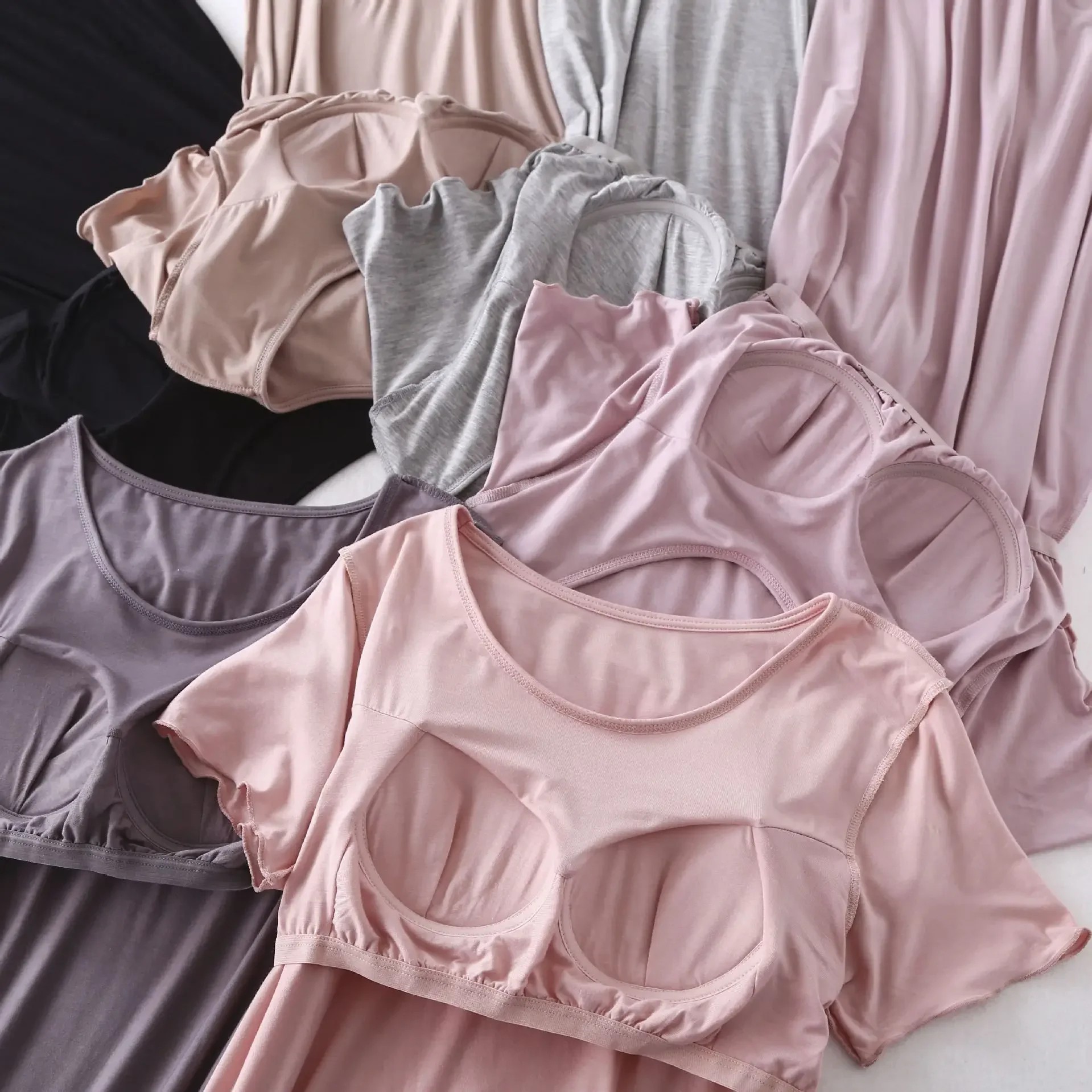 Modal Night Gown with Chest Pad Short Sleeve Nightdress Pajamas Bra-free Thin Large Size Ruffle Sleeping Dress for Women Summer