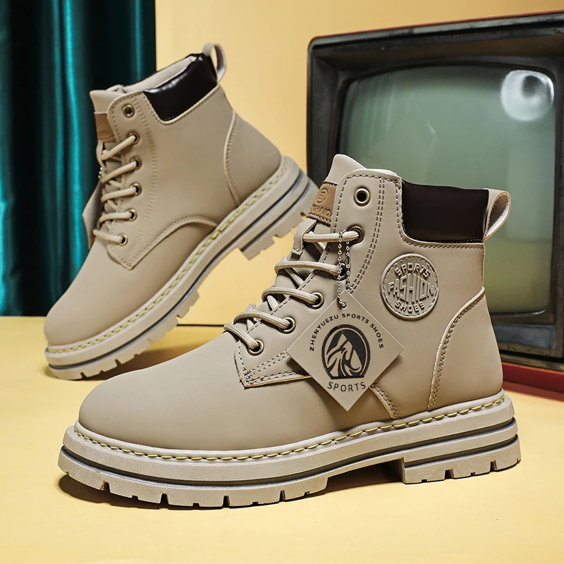 أحذية شتوية للرجال من الجلد مقاومة للماء أحذية عالية الجودة عصرية ومتعددة الاستخدامات للدراجات النارية أحذية دافئة بأربطة ونعال مضادة للانزلاق