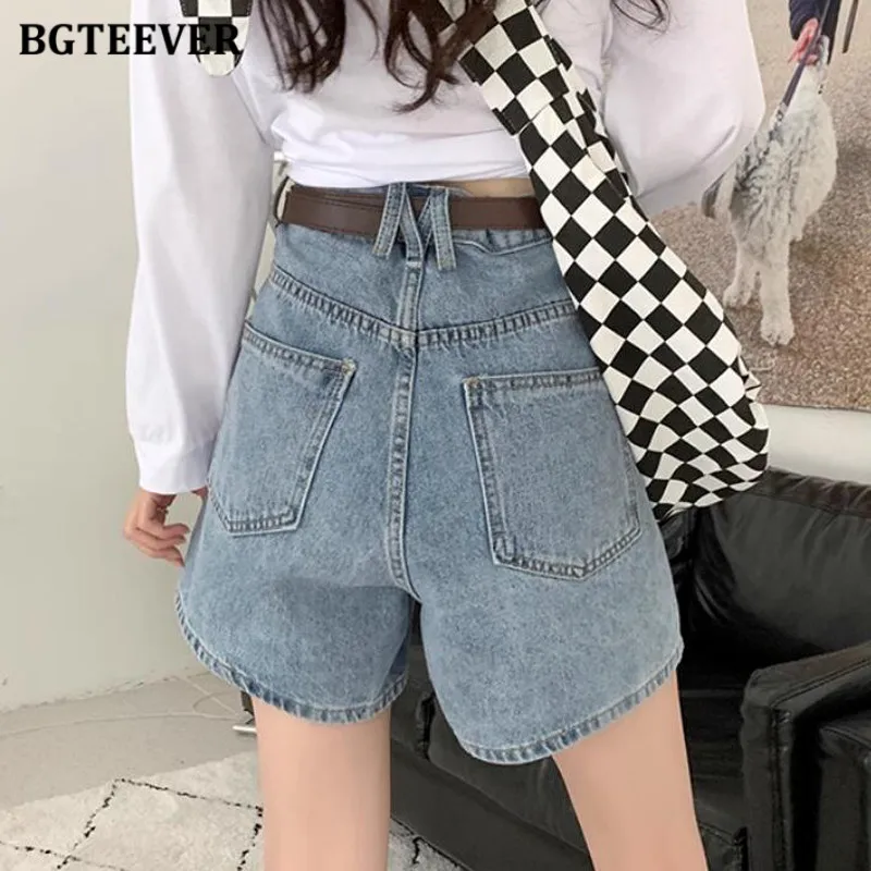 BGTEEVER Summer High Waist Button Female Denim Shorts Casual Loose Pockets Wide Leg Jeans Shorts for Women