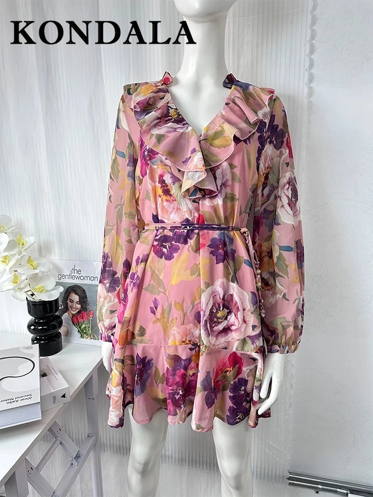 콘달라 시크 플라워 프린트 여성 드레스 패션 2025 V넥 캐스케이딩 미니 드레스 끈 단추 주름 여성 봄 원피스