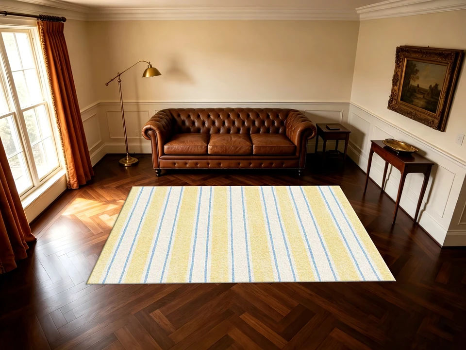 Soft Washable Yellow Blue Stripe Area Rug