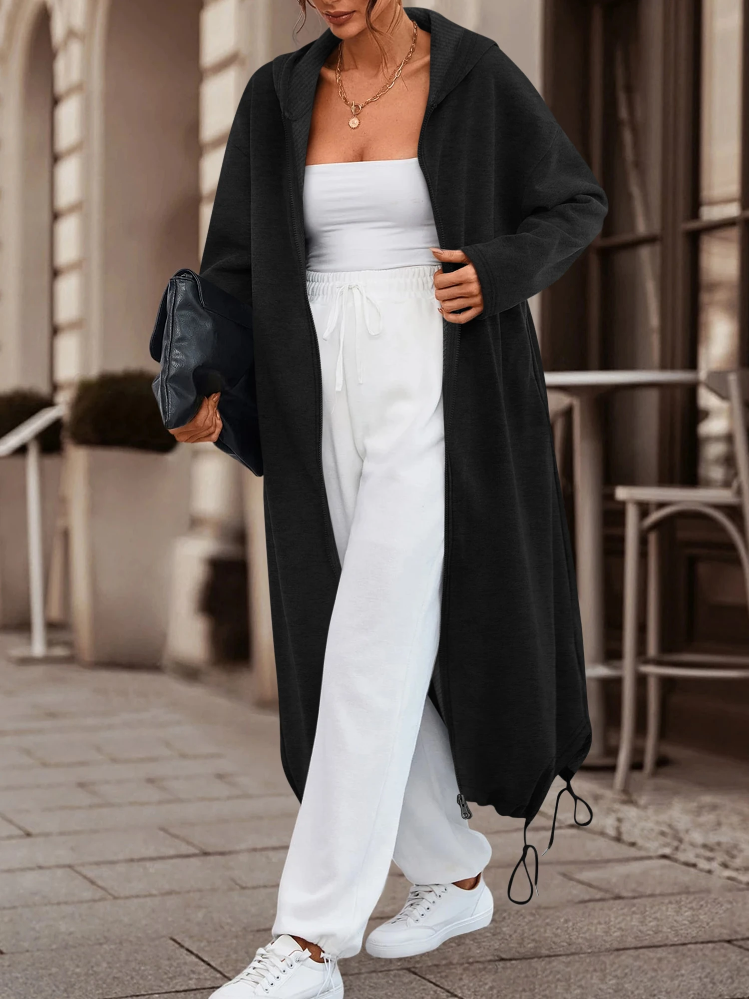 Women's Long Maxi Hoodie Coat, Casual Loose Fit Full Zip Up Sweatshirt, Fashion Drawstring Hem Hooded Cardigan for Daily Wear