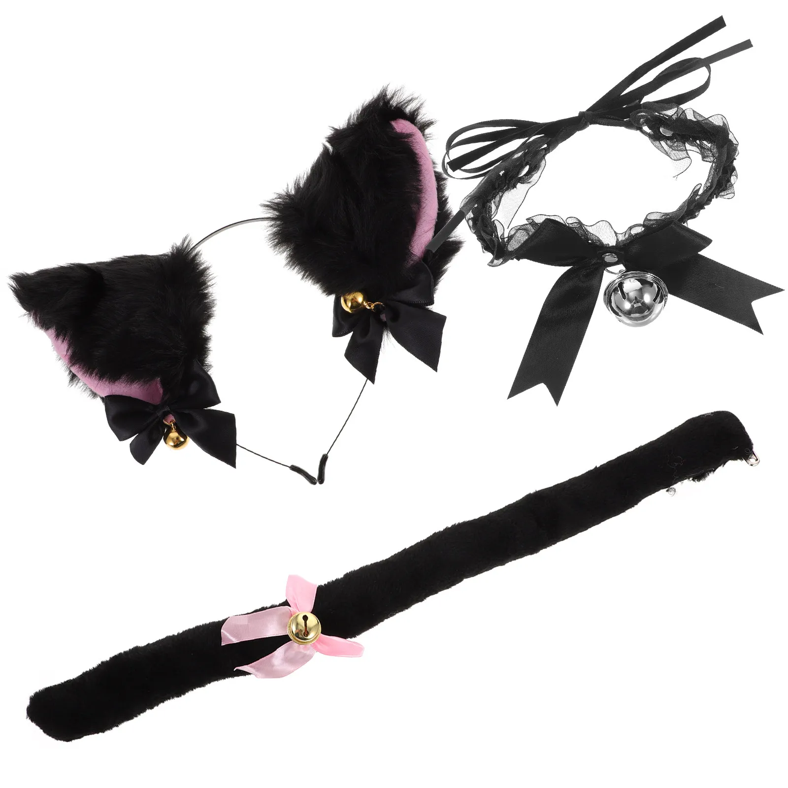 1Set Cat Ear Headband Tail Choker Set Animal Costume Accessory Party Cosplay Photo Prop Performance Supplies Animal Cosplay Prop