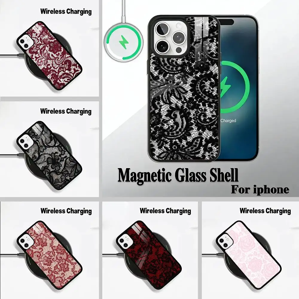 

L-Lace Print Pattern Phone Case For IPhone17 16 15 14 13 12 11 Pro Max 16/15/14Plus Wireless Charger Cover Funda