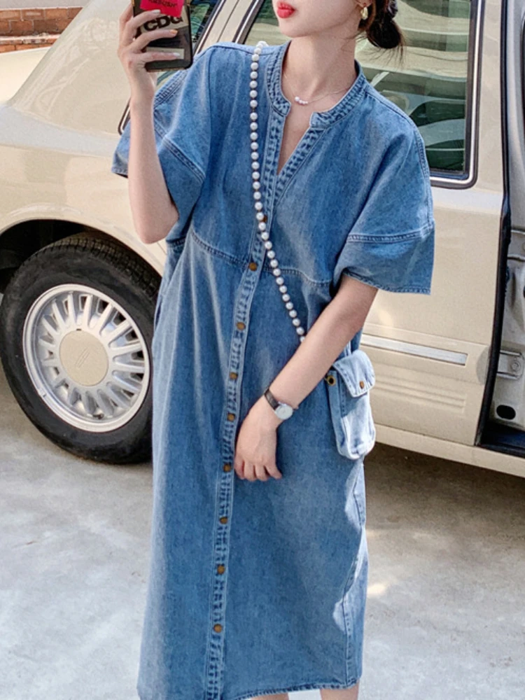 Summer Dress Women 2023 Denim Blue Dress Vintage Female Fashion Korean Casual Clothes Clothing