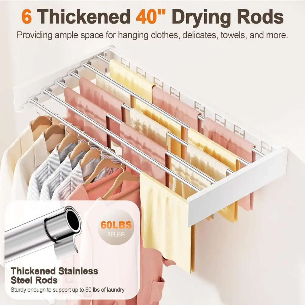 Space-Saving Indoor Folding Clothes Drying Rack, Collapsible & Retractable, 6 Rods, White, 40