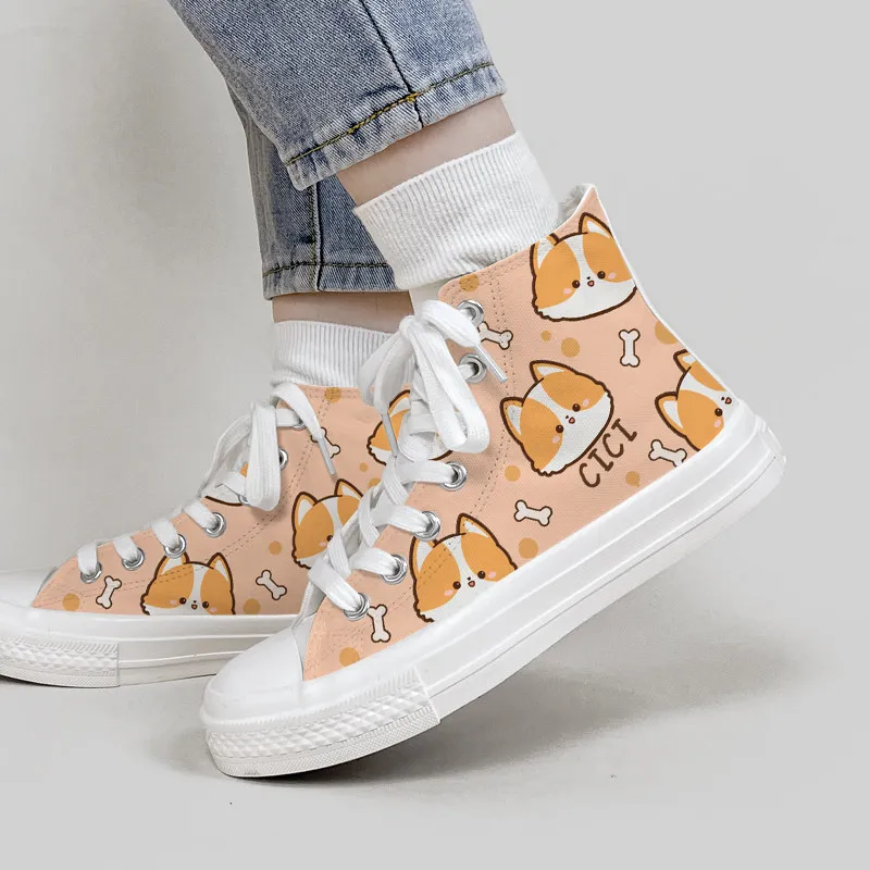 

Cute Corgi Print High Top Canvas Shoes For Women Casual Sneakers Soft Sole Student Shoes With Bone Design