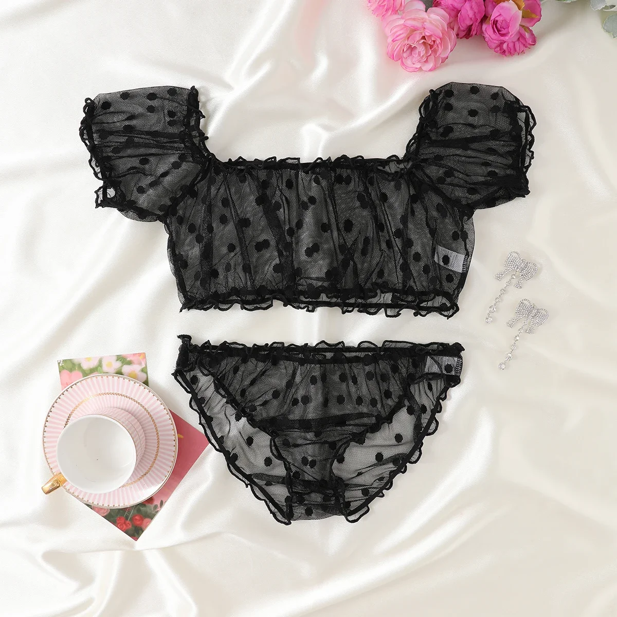 

new Sexy Underwear Woman Bra Set See Through Exotic Sets Babydoll Lingerie Floral Off Shoulder Bralette Ruffle Sensual Lingerie