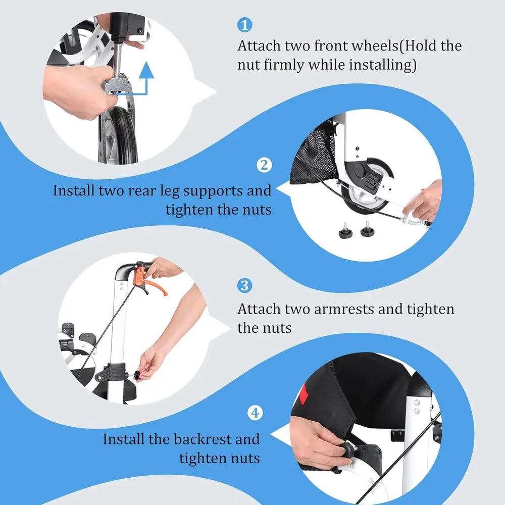 رولیتر قابل للطي 2 في 1 مع مقعد لكبار السن، كرسي نقل خفيف الوزن لجميع التضاريس، ارتفاع قابل للتعديل، أبيض