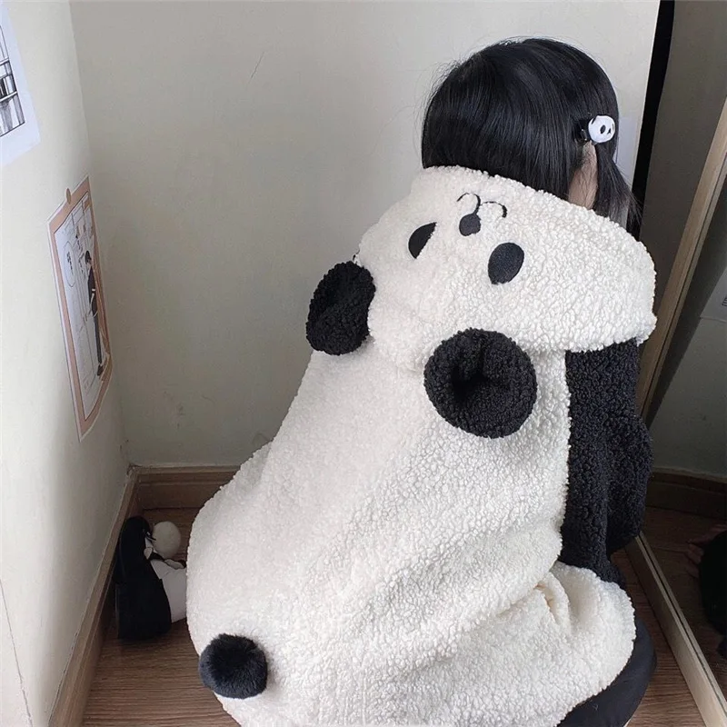 Casual Bear Jacket Outerwear Overcoat Student Kawaii Cute Bear Ear Panda Women Coats Autumn Winter Warm Plush Hooded Coat White
