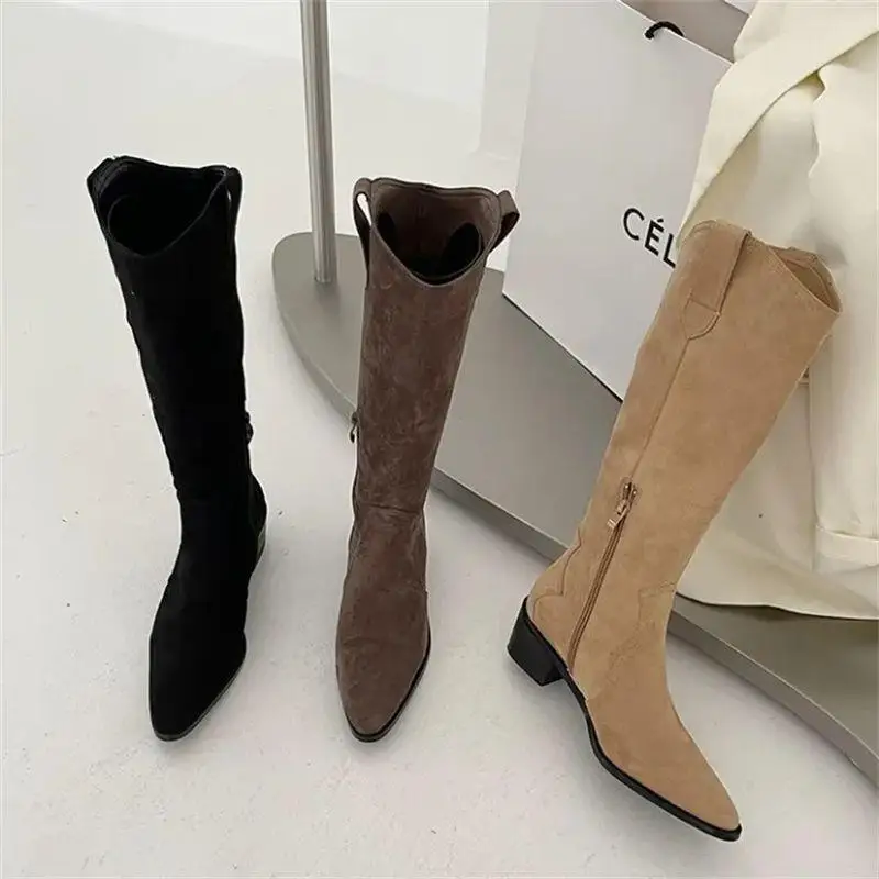 Hot Thigh High Boots Women Faux Suede Chunky Knee High Boots Ladies Black Heel Sexy Pointed Toe Designer Western Cowboy Boots