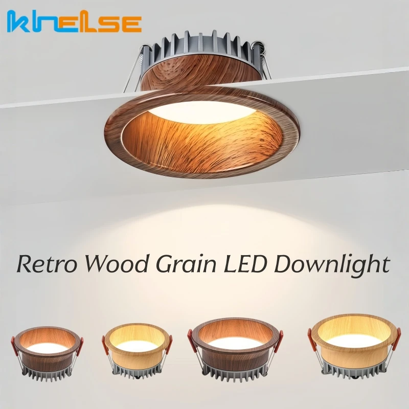 Vintage Wood Grain LED Downlight 7W/12W Retro Recessed Round Spotlight Loft Bedroom Aisle Stair Kitchen Home Decor Ceiling Light