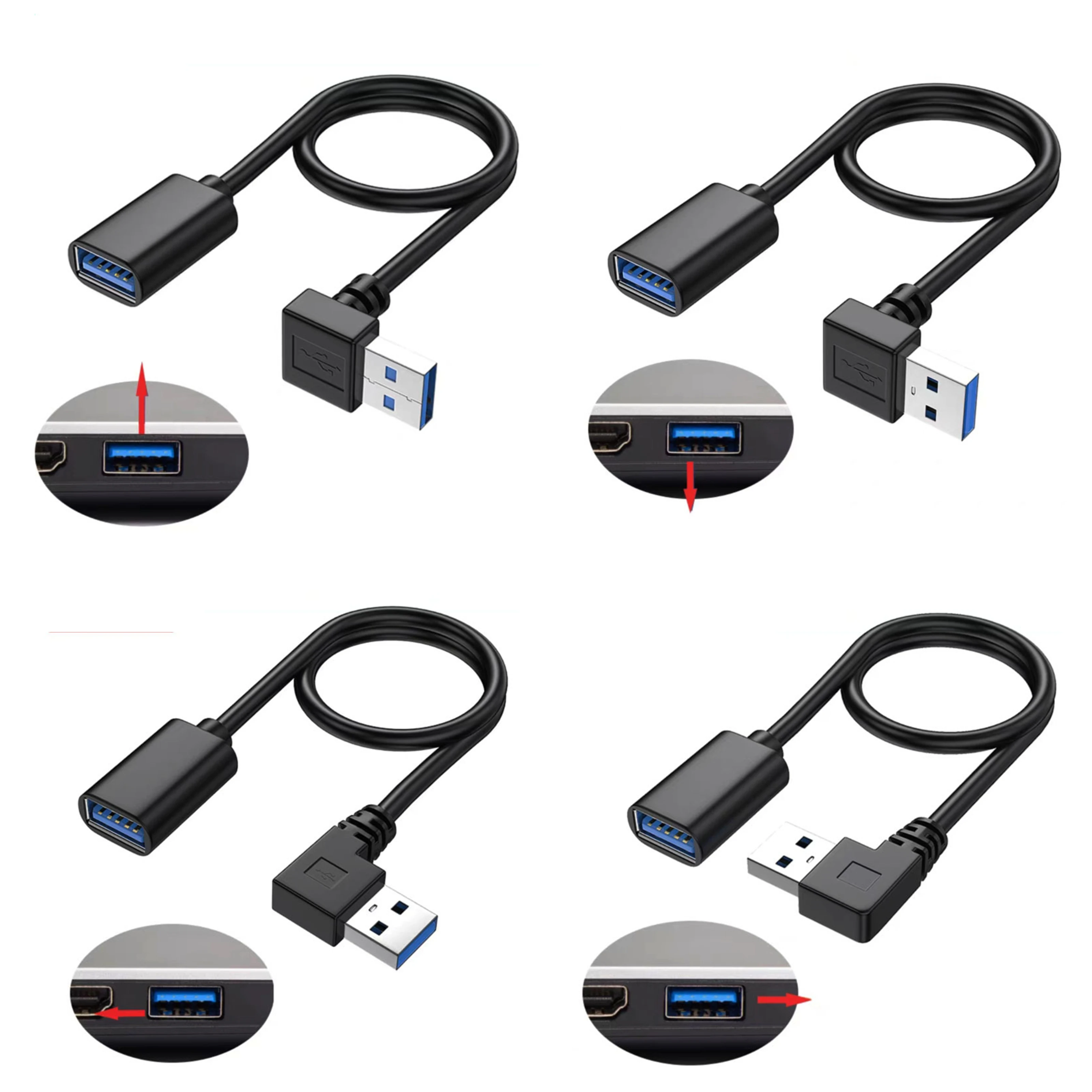 5Gbps USB 3.0 90 Degree Angle Extension Cable Male to Female Adapter Cord Fast Charging Data Cable 30CM 1ft 2ft 1m