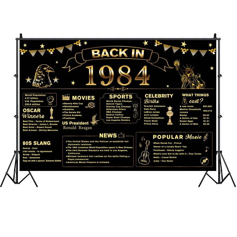 Back in 1984 Backdrop Banner 40th Birthday Party Supplies Black Gold Background For Women Men 40 Years Old