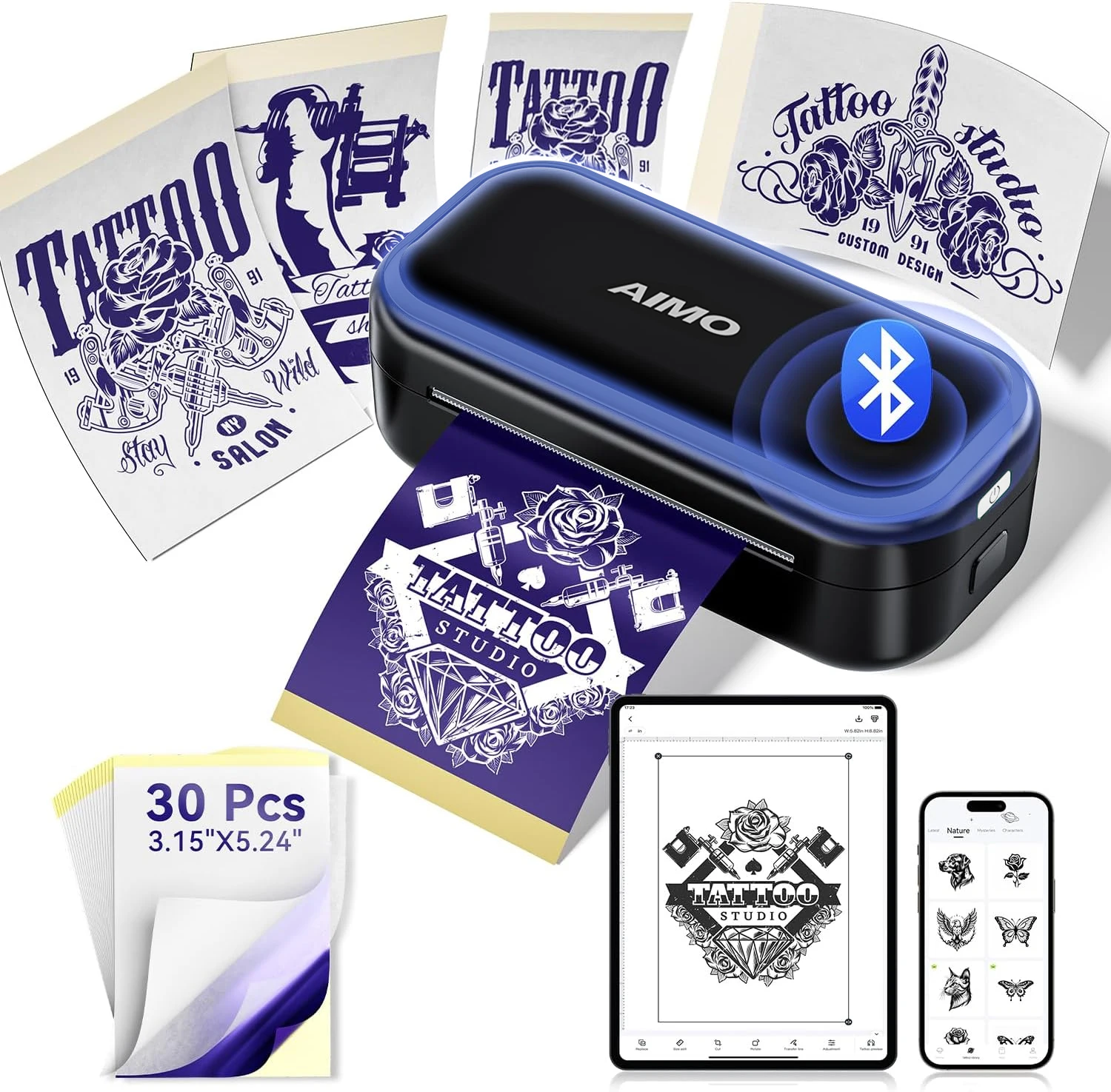 AIMO MR3 Mini Thermal Wireless Tattoo Template Printer Wireless Bluetooth Transfer Machine with 30 Tattoo Transfer Papers