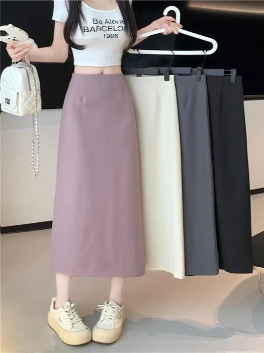 Spódnica midi khaki z wysokim stanem, prostymi nogawkami, wyszczuplająca, z rozcięciem, w kształcie litery A, damska, jesienno-zimowa, nowa, elegancka, do biura, do pracy.