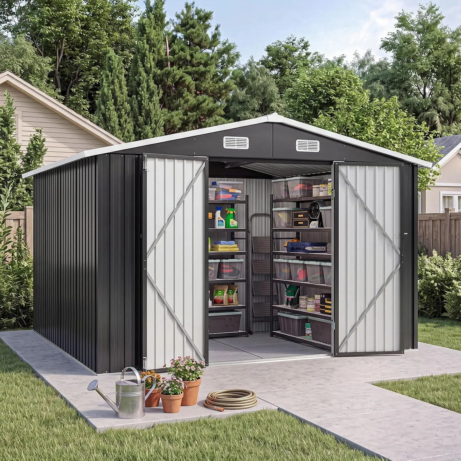 10x12FT Outdoor Storage Shed with Floor Black, Customized