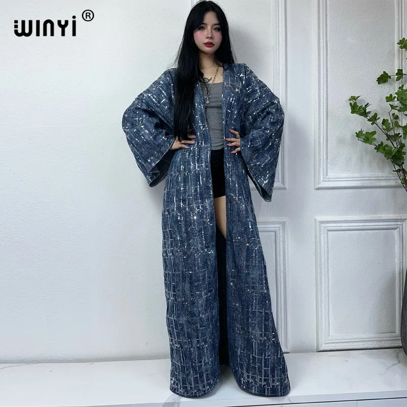 WINYI new Sequined denim cardigan Women long down coat Loose Dress elegant Party maxi Holiday Swimming Cover Up fashion Kimono