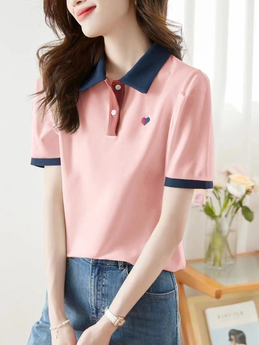 Short Sleeve Lapel Button T-shirts Love Embroidery Contrast Color Female Tee Summer Outfit Y2k Fashion Basic Women's Polo Shirts
