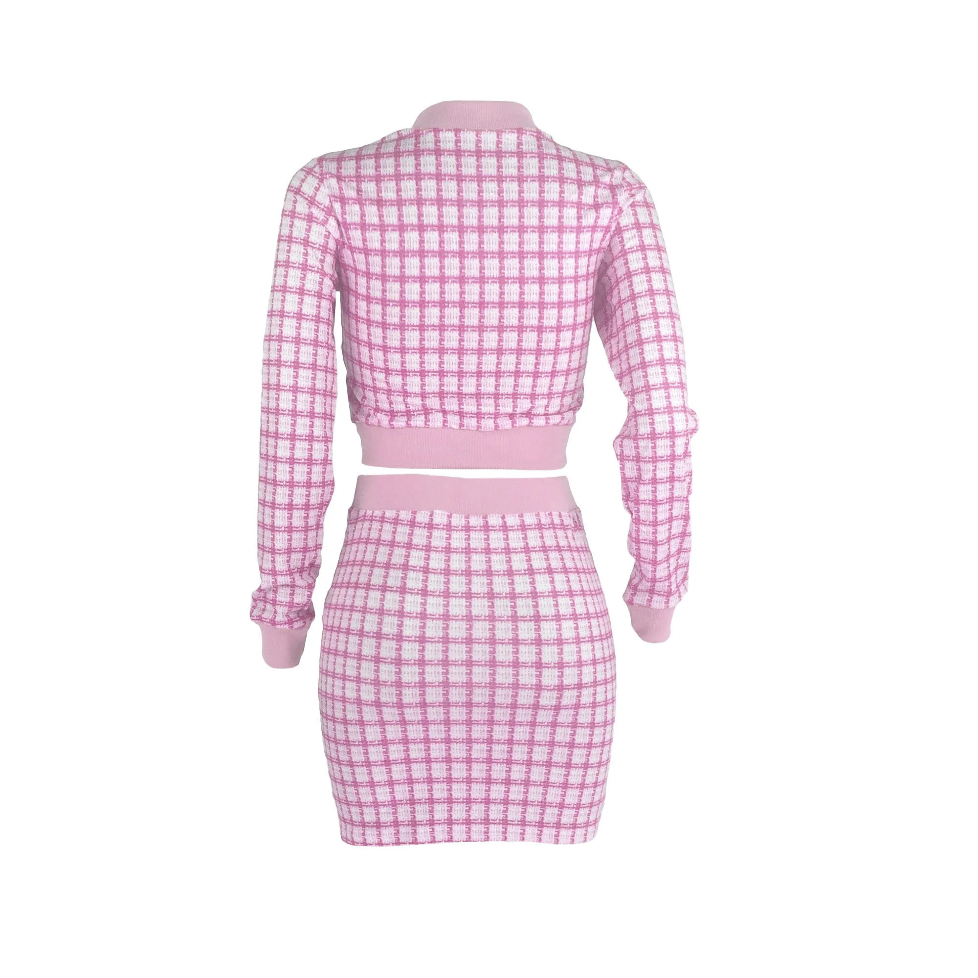 Elegant Plaid Matching Two-piece Set, Crop Zip Up Jacket & Bodycon Skirt Outfits, Women\'s Clothing