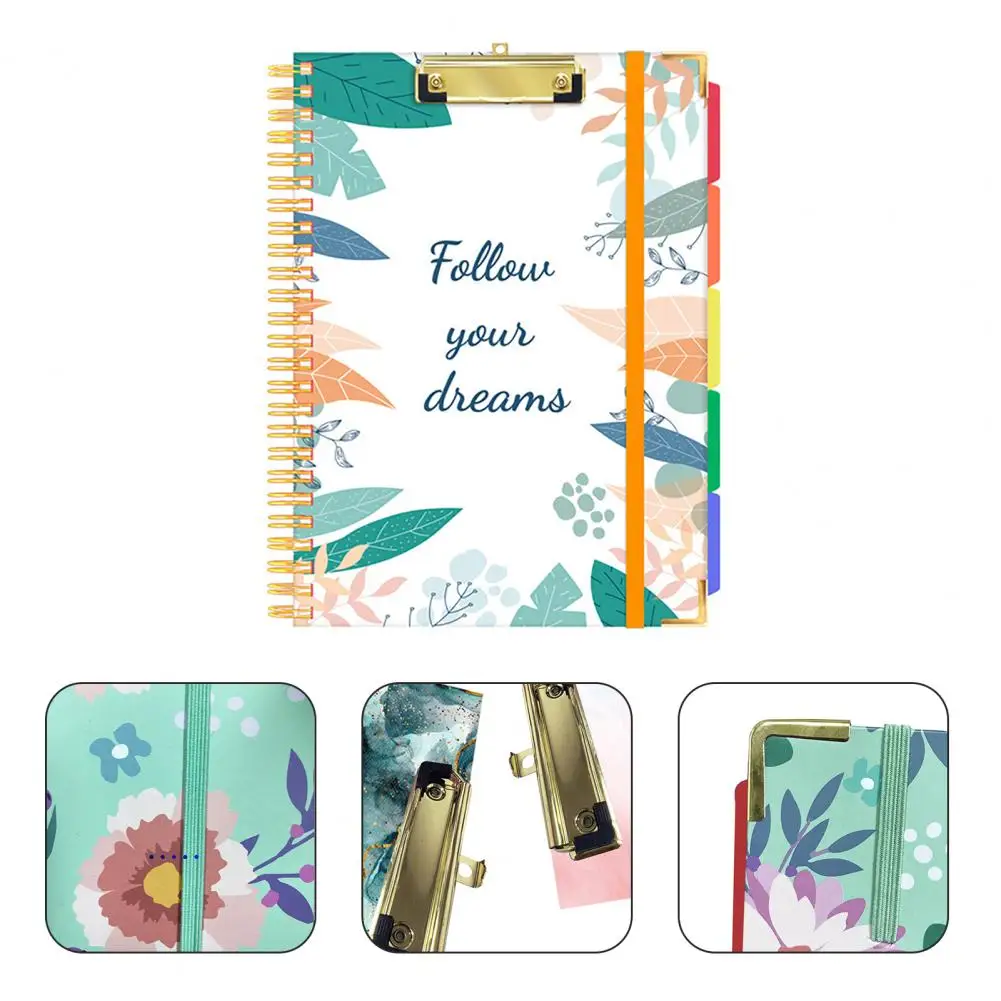 Travel-friendly Clipboard Folder Waterproof Clipboard Folder Colorful Label Index Spiral Document File Folder with Clipboard