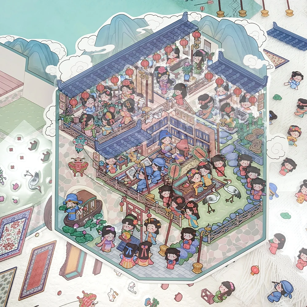 

4pcs Cartoon Enjoyment Town Miniature Scene 3D Landscaping Stickers DIY Scene Stacking and Pasting Hand Account PET Stickers