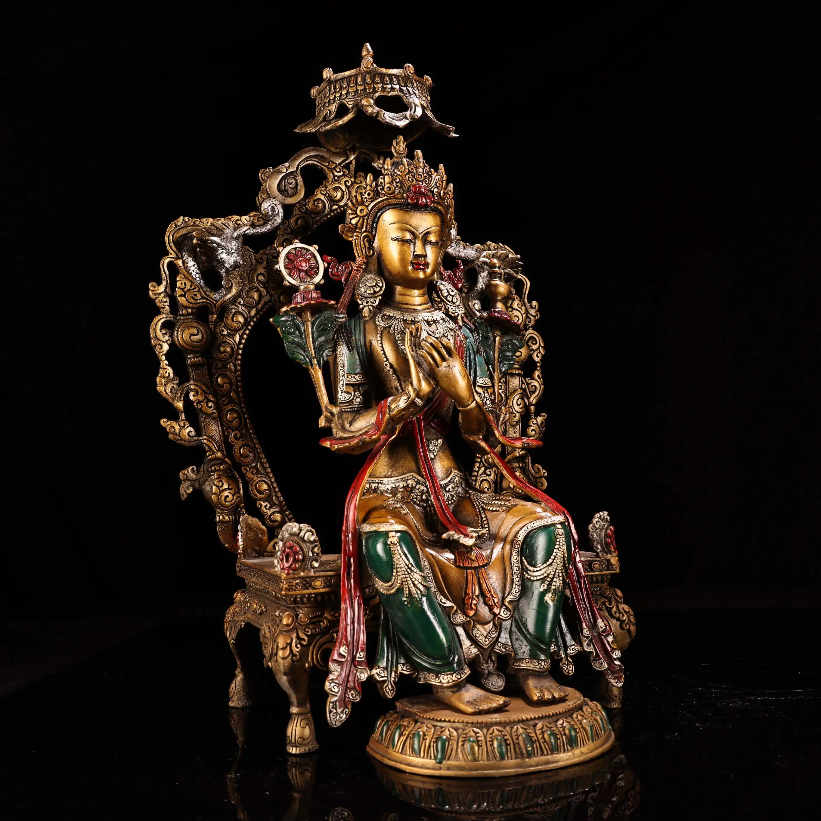 Antique Old Bronze Painted Gold Gilded Tibetan Future Maitreya Buddha Statue Serene Face Fine Craftsmanship Home Decor