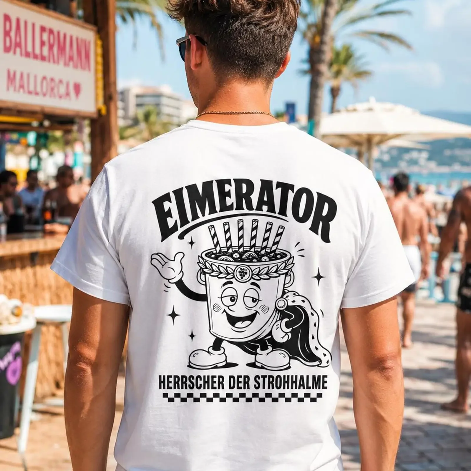 Eimerator T Shirt with Large Back Print Ruler of Straws German Party Funny Mallorca Sangria Bucket vintage Washed