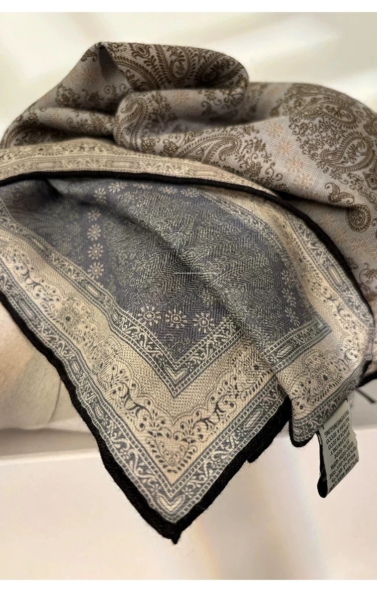 2027 Women's Silk Wool Square Scarf Vintage Luxury Brand Floral Print Bandana Soft Neck Shawl Retro Ethnic Neck Wrap