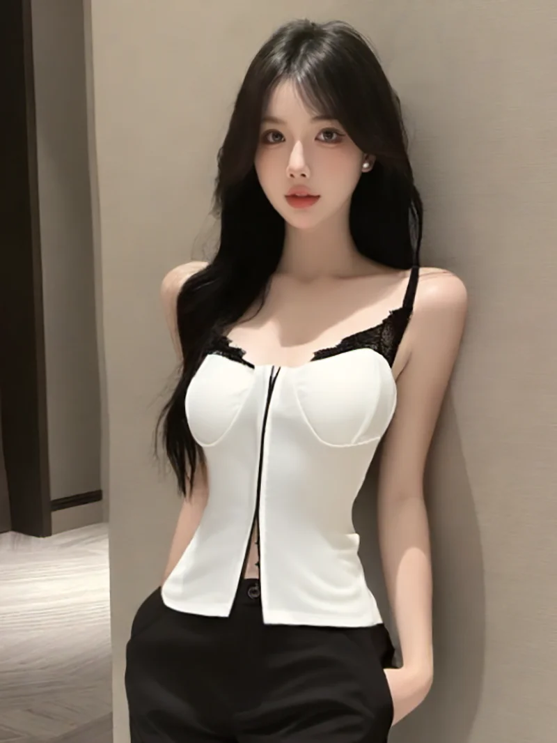 

Pure Desire Sexy Lace Patchwork Strap Vest Women's Summer High-End Slim Fit Short Base Layer Top Korean Style Commute Wind