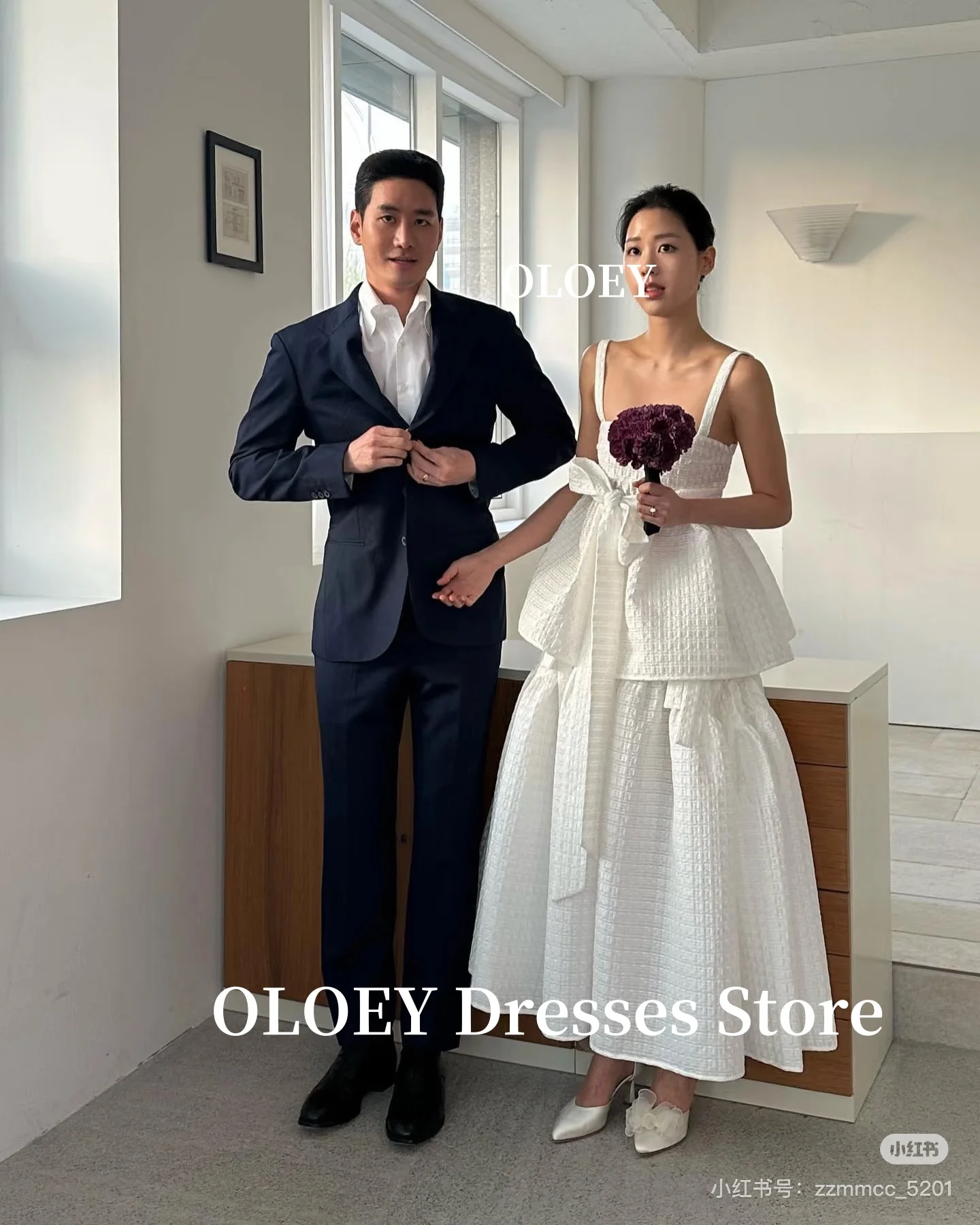 OLOEY Modern White A Line Wedding Party Dresses Korea Women Photo shoot Wide Straps Ankle Bridal Gowns Formal Party Customized