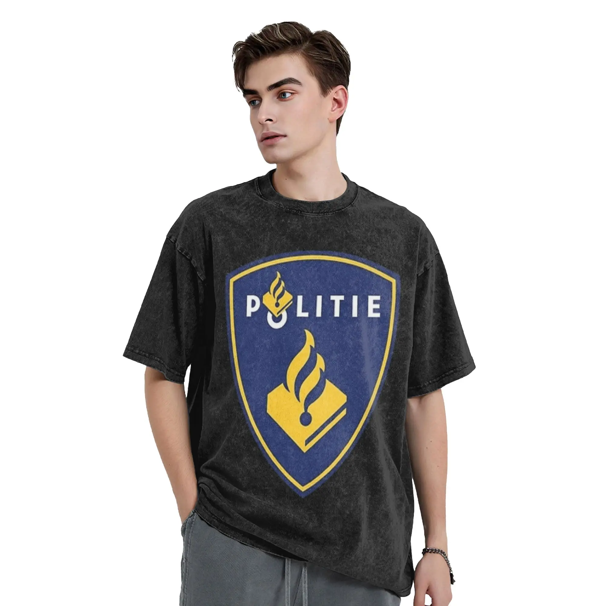 Netherlands National Police Corps Politie Patch Men's T Shirt Washed Short Sleeve O Neck T-Shirt Pure Cotton Graphic Clothing