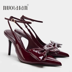 Wine Red Ankle Strap Stilettos For Woman Patent Leather Bow Pointed Toe High Heels Sandals Women Pumps Shoes