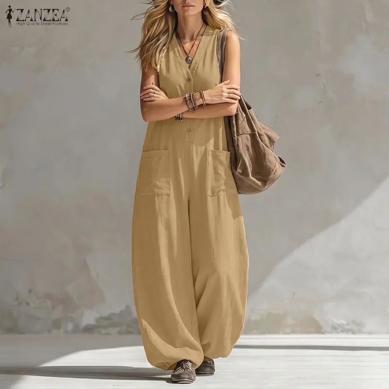 

ZANZEA Women Jumpsuits Solid Vintage Casual Overalls 2026 Fashion V Neck Pockets Rompers Loose Lantern Long Bottoms Playsuits