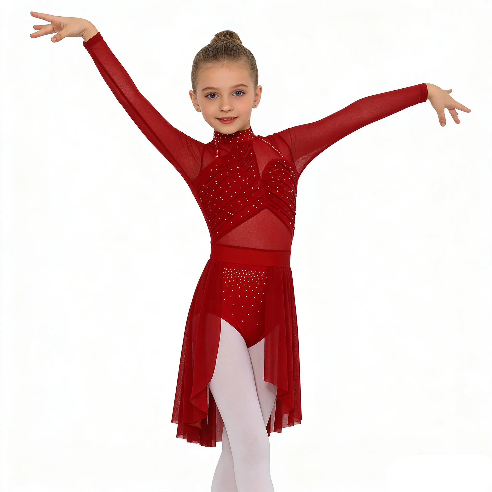 Kids Girls Sheer Mesh Rhinestone Modern Lyrical Dance Leotard Dress Skating Gymnastics Acrobatics Ballet Performance Costume