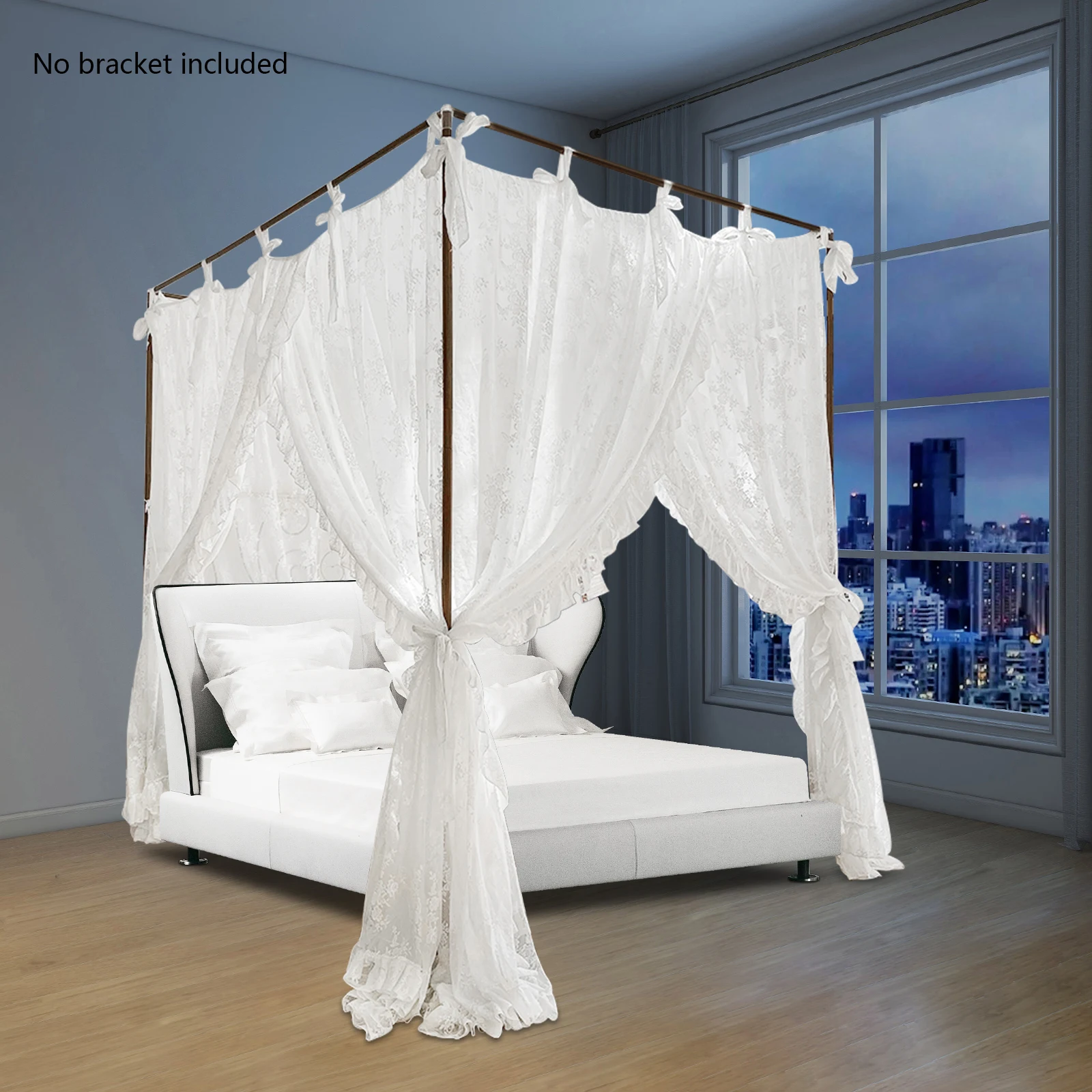 

White Bed Curtains(180x220cm)—Lace(Jacquard Process,Tear-Resistant), Triple-Door Design(Easy Ventilation) Balances Privacy/Light