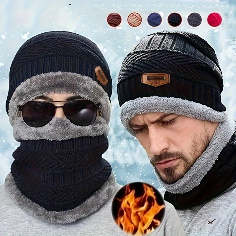 2-piece Men's Winter Warm Knitted Hat and Scarf Set for Outdoor Cold Weather Men's Warm Winter Hat and Scarf