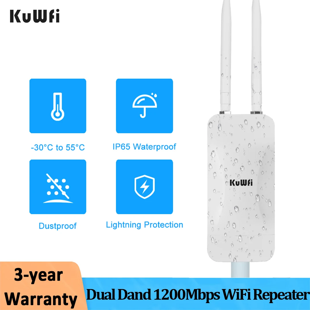 KuWFi 1200Mbps WiFi Repeater Dual Dand 2.4G 5Ghz High Power WIFI Extender Wide-Area Outdoor Long Range Wireless Coverage