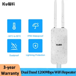 KuWFi 1200Mbps WiFi Repeater Dual Dand 2.4G 5Ghz High Power WIFI Extender Wide-Area Outdoor Long Range Wireless Coverage