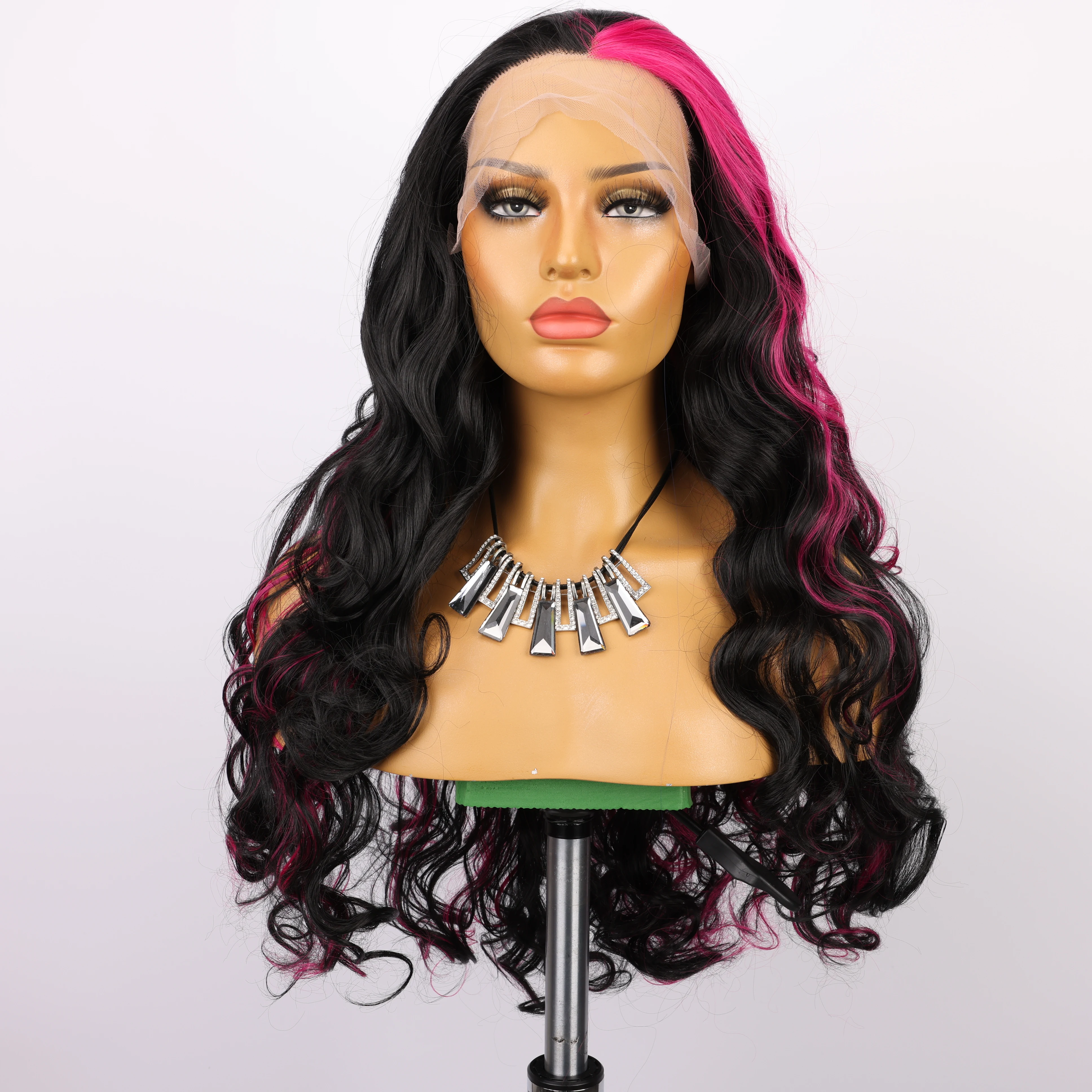 Black Pink Stitching Synthetic Lace Front Wig Cosplay Party Mixed Color Wig Transparent Lace 13*4 Front Lace Net Cap Natural